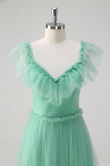 A-Line Green Ruffled Hollow Out Tulle Bridesmaid Dress