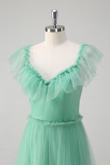 A-Line Green Ruffled Hollow Out Tulle Bridesmaid Dress