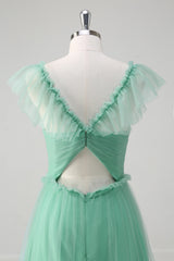 A-Line Green Ruffled Hollow Out Tulle Bridesmaid Dress