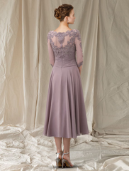 A-Line Mother of the Bride Dress Elegant Tea Length Chiffon Lace Half Sleeve with Pleats Ruched Beading