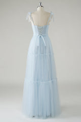 A-Line Bow Tie Straps Sky Blue Tulle Long Bridesmaid Dress