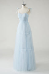 A-Line Bow Tie Straps Sky Blue Tulle Long Bridesmaid Dress