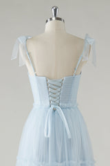 A-Line Bow Tie Straps Sky Blue Tulle Long Bridesmaid Dress