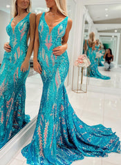 Sparkly Trumpet/Mermaid V-Neck Sleeveless Floor-Length Long Prom Dresses With Sequins Sexy