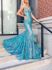 Sparkly Trumpet/Mermaid V-Neck Sleeveless Floor-Length Long Prom Dresses With Sequins Sexy