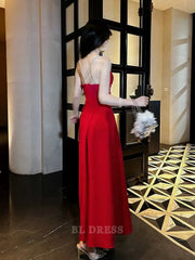 A line Straps Red Long Satin formal dresses Bridesmaid Dresses evening gown Prom Dress