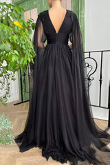 Black V-Neck Chiffon Long Prom Dress, A-Line Evening Dress with Slit