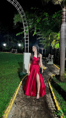 A Line Sweetheart Red Satin Long Slit formal dresses Bridesmaid Dresses evening gown Prom Dress