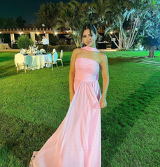 A Line Strapless Pink Chiffon formal dresses Bridesmaid Dresses evening gown Prom Dress