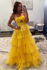 A Line Straps Yellow Tulle Prom Dresses