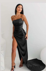 Vintage Sheath Strapless Neckline Slit Satin Long Party Dress Prom Dresses SD2446
