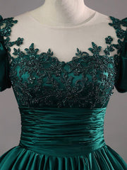 Green Round Neck Satin Lace Long Prom Dress, Green Lace Formal Dress