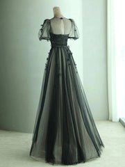 A-Line Tulle Butterfly Long Prom Dress Short Sleeve Floor Length Evening Dress