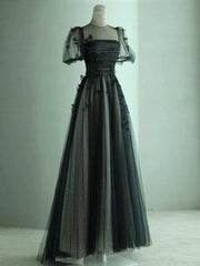 A-Line Tulle Butterfly Long Prom Dress Short Sleeve Floor Length Evening Dress