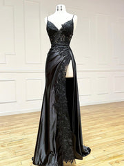 V Neck Satin Lace Mermaid Black Long Prom Dress, Black Lace Evening Dress