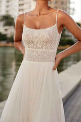 Thin shoulder strap lace sticker side slit thin gauze beach wedding dress