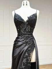 V Neck Satin Lace Mermaid Black Long Prom Dress, Black Lace Evening Dress