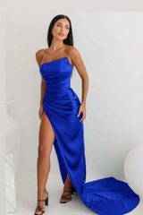 Vintage Sheath Strapless Neckline Slit Satin Long Party Dress Prom Dresses SD2446