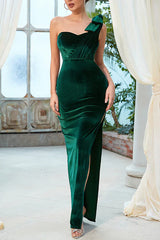 Dark Green One Shoulder Velvet Prom Evening Dresses