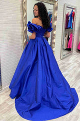 Flower Sleeves A-Line Hot Pink Evening Party Dress Blue Long Satin Prom Dress 2024