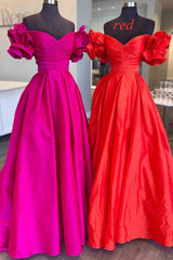 Flower Sleeves A-Line Hot Pink Evening Party Dress Blue Long Satin Prom Dress 2024