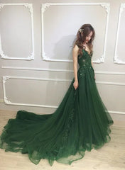Dark Green Low Back Beaded Lace V-neckline Party Dress A-line Prom Dress Floor Length Wholesale