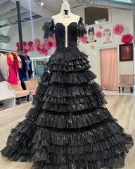 Ball Gown Strapless Tulle Tiered Long Prom Dresses Off Shoulder Sparkly