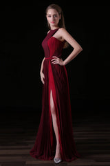 Pleat Draped Side Slit Off Shoulder Zipper Burgundy Bridesmaid Dresses
