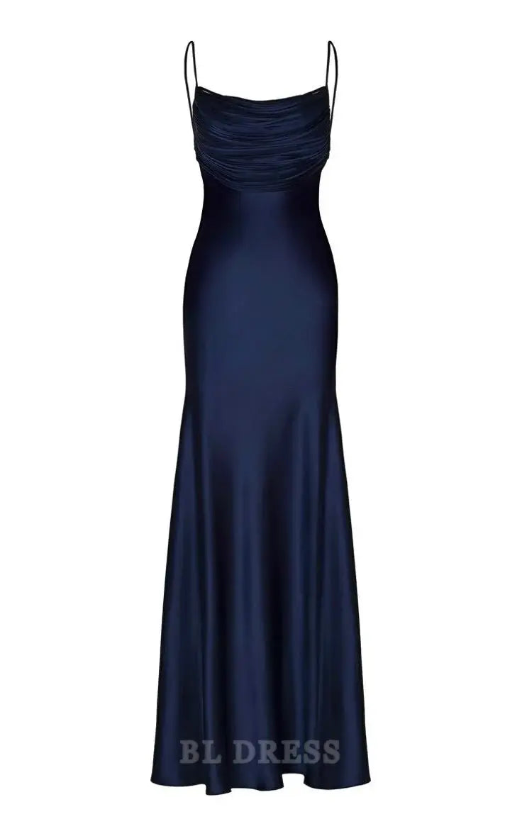 Mermaid Spaghetti Straps Navy Blue Satin formal dresses Bridesmaid Dresses evening gown Prom Dress
