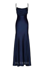 Mermaid Spaghetti Straps Navy Blue Satin formal dresses Bridesmaid Dresses evening gown Prom Dress