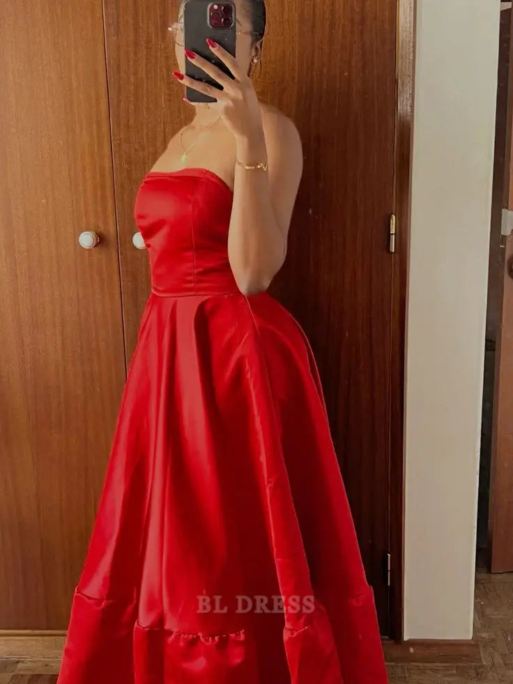 A-line Strapless Vintage Red Tea Length Ball Gown formal dresses Bridesmaid Dresses evening gown Prom Dress