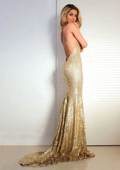 Sequined Prom Dress Mermaid V-Neck Court Train With Pleated