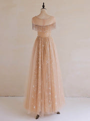 A-Line Lace Champagne Long Prom Dress, Champagne Lace Long Formal Dress