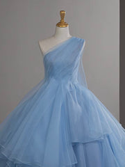 A-Line One Shoulder Tulle Blue Long Prom Dress, Blue Long Evening Dress
