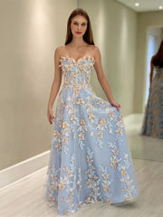 A-Line Sweetheart Neck Tulle Lace Blue Long Prom Dress, Blue Long Formal Dress