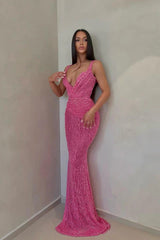 Fuchsia Pink Sleeveless V-Neck Mermaid Prom Dress Sequin