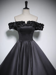 Black Off Shoulder Satin Long Prom Dress, Black Satin Evening Dress