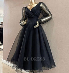A Line V Neckline Long Sleeves Black Tulle formal dresses Bridesmaid Dresses evening gown Prom Dress