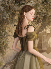 A-Line Off Shoulder Tulle Lace Green Long Prom Dress, Green Lace Long Formal Dress