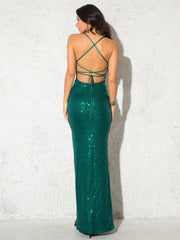 sequin strappy back ball dress in emerald wide