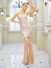 sequin ball gown with mid split in rose gold wide