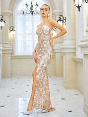 sequin ball gown with mid split in rose gold wide