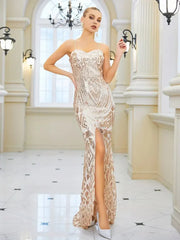 sequin ball gown with mid split in rose gold wide