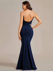 Low back rushed ball dress with sparkling straps in navy wide