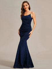 Low back rushed ball dress with sparkling straps in navy wide