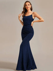 Low back rushed ball dress with sparkling straps in navy wide