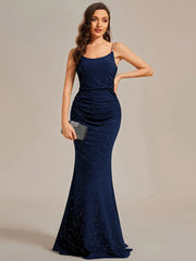 Low back rushed ball dress with sparkling straps in navy wide