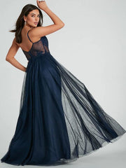 Navy tulle and lace corset ball dress wide