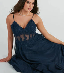 Navy tulle and lace corset ball dress wide