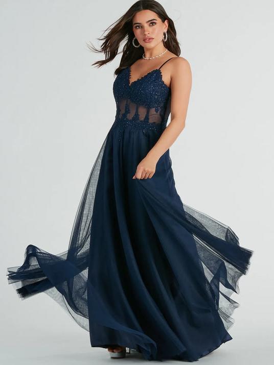 Navy tulle and lace corset ball dress wide